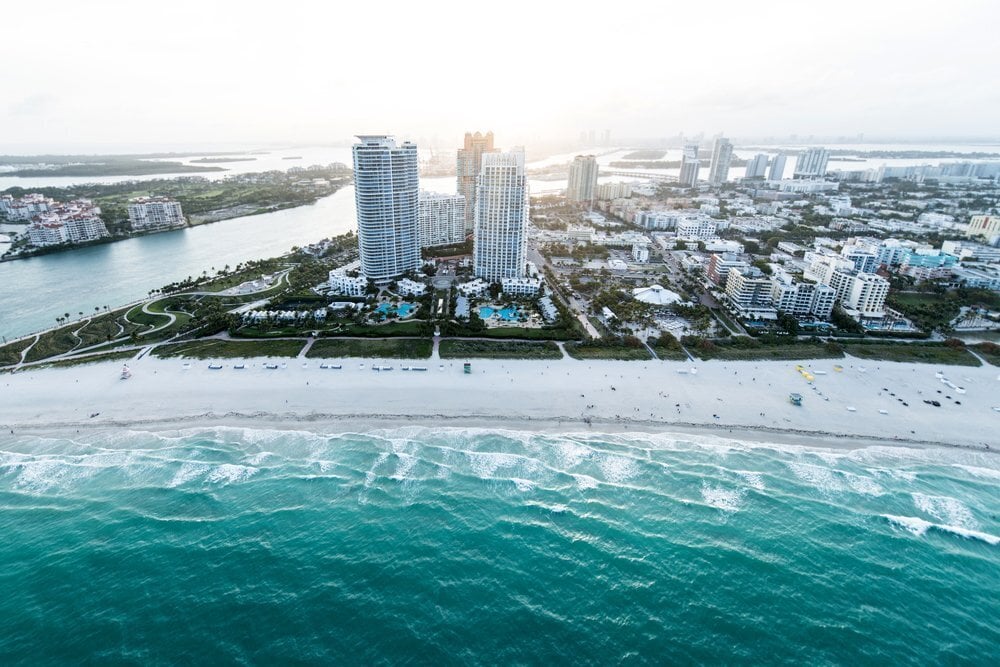 Beautiful coastline of Miami Beach shot from the air