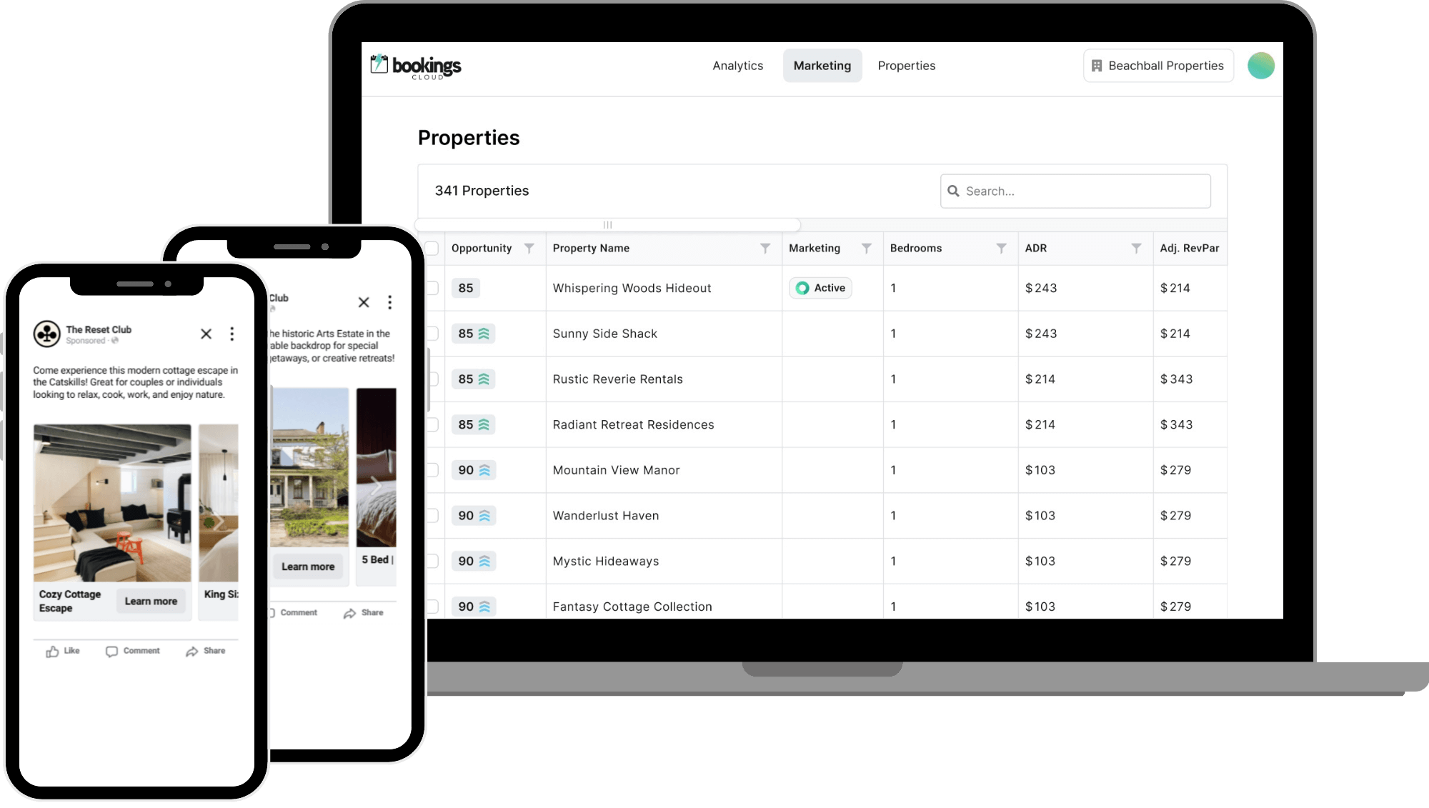 BookingsCloud Property Dashboard on a laptop and a social media ads on two mobile phones